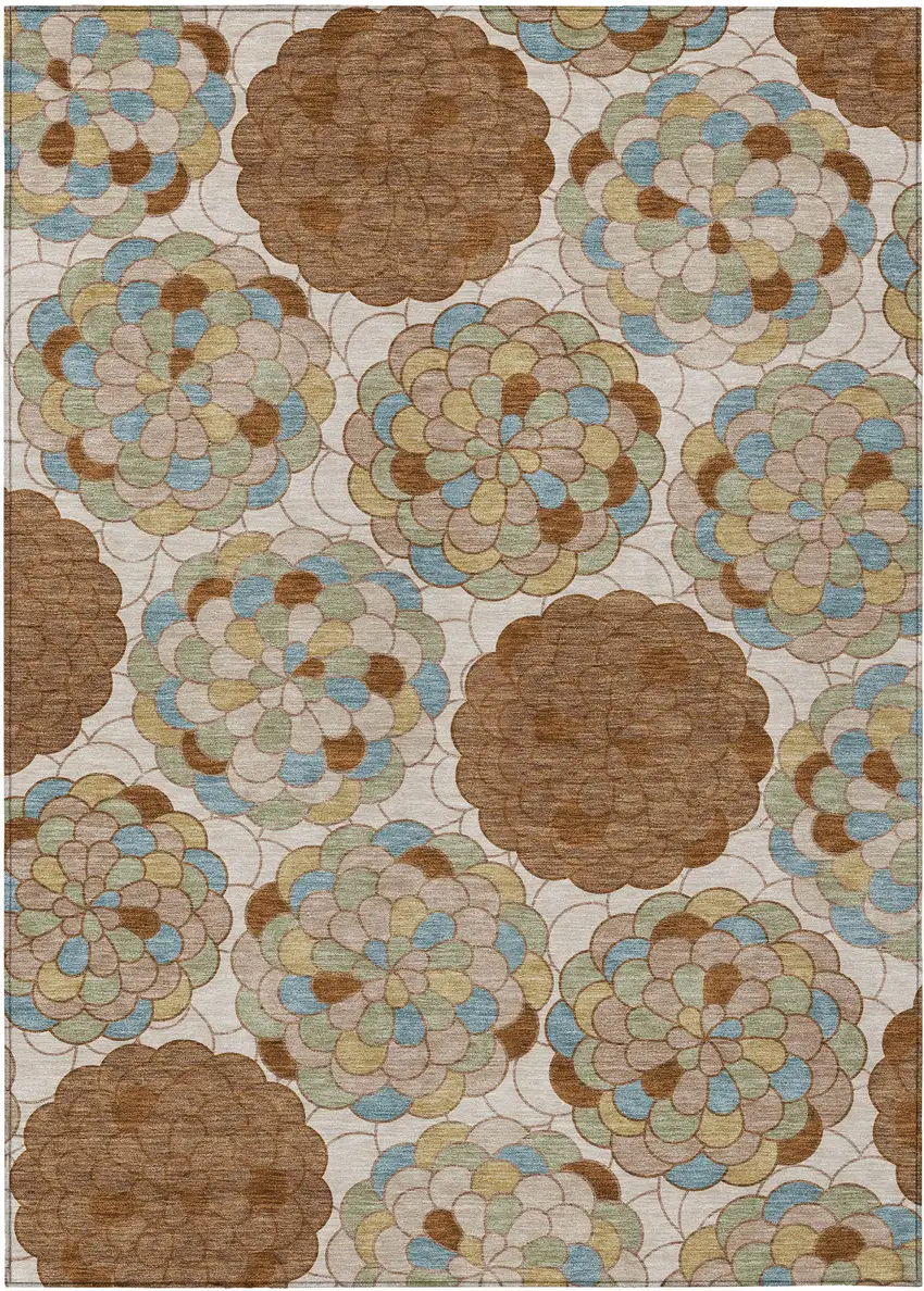 Orange And Rust Floral Washable Indoor Outdoor Area Rug Photo 1