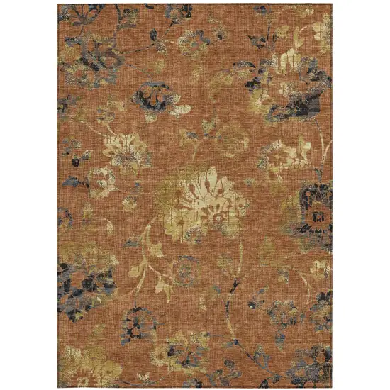 Orange And Rust Floral Washable Indoor Outdoor Area Rug Photo 3