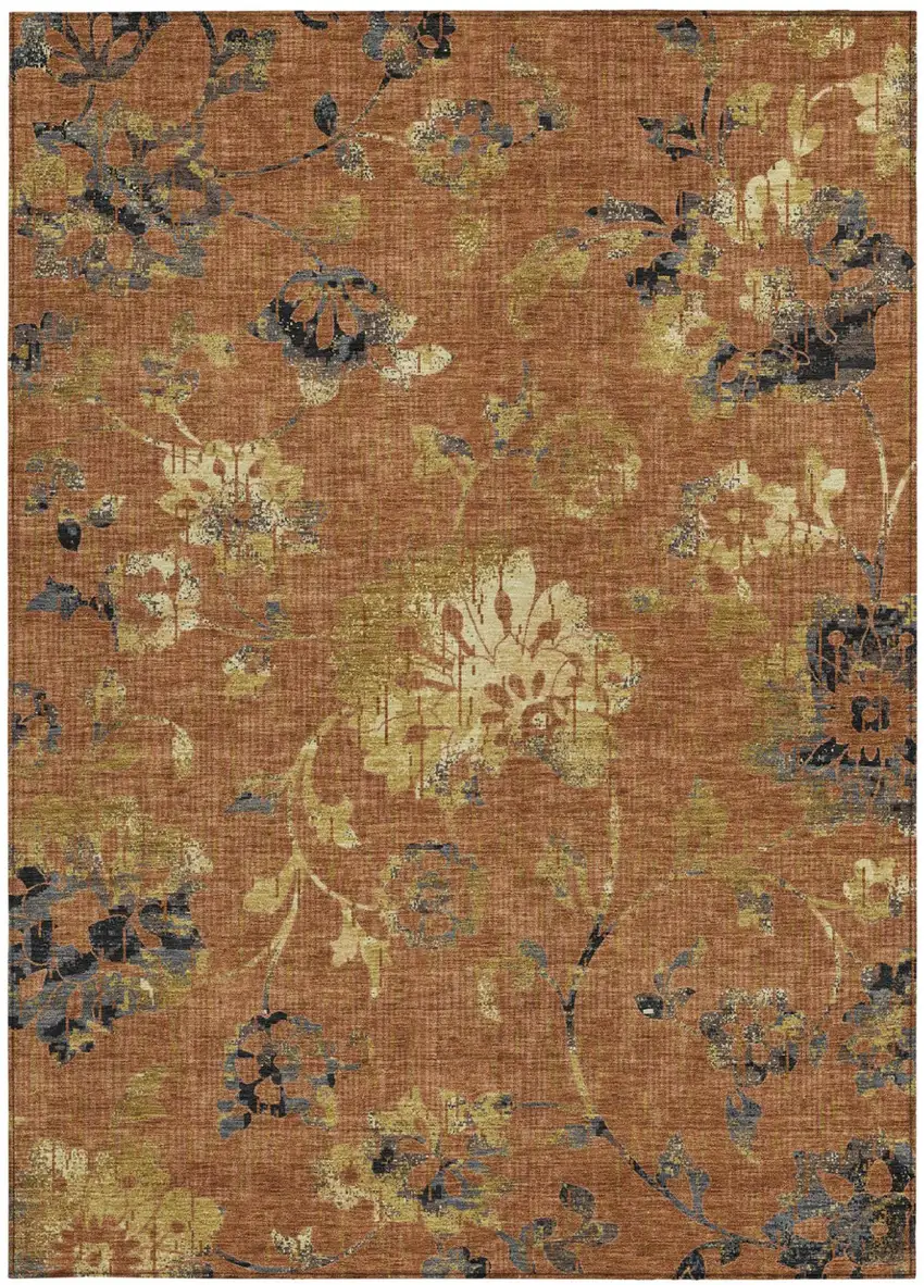 Orange And Rust Floral Washable Indoor Outdoor Area Rug Photo 3
