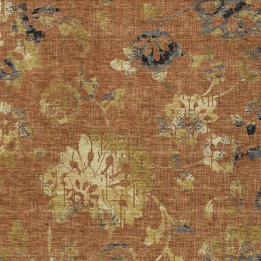 Orange And Rust Floral Washable Indoor Outdoor Area Rug Photo 2