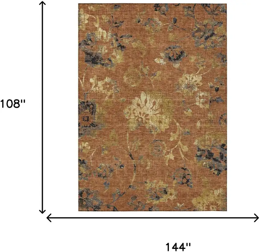 Orange And Rust Floral Washable Indoor Outdoor Area Rug Photo 6