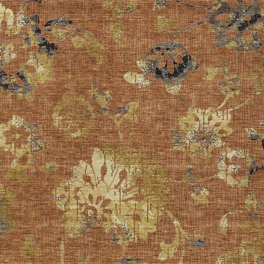 Orange And Rust Floral Washable Indoor Outdoor Area Rug Photo 2