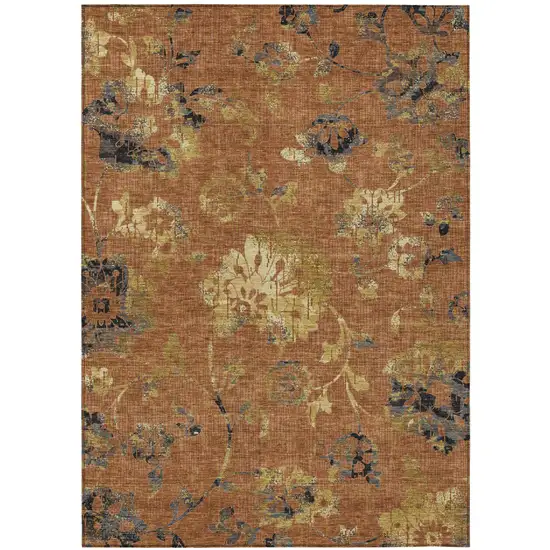 Orange And Rust Floral Washable Indoor Outdoor Area Rug Photo 1