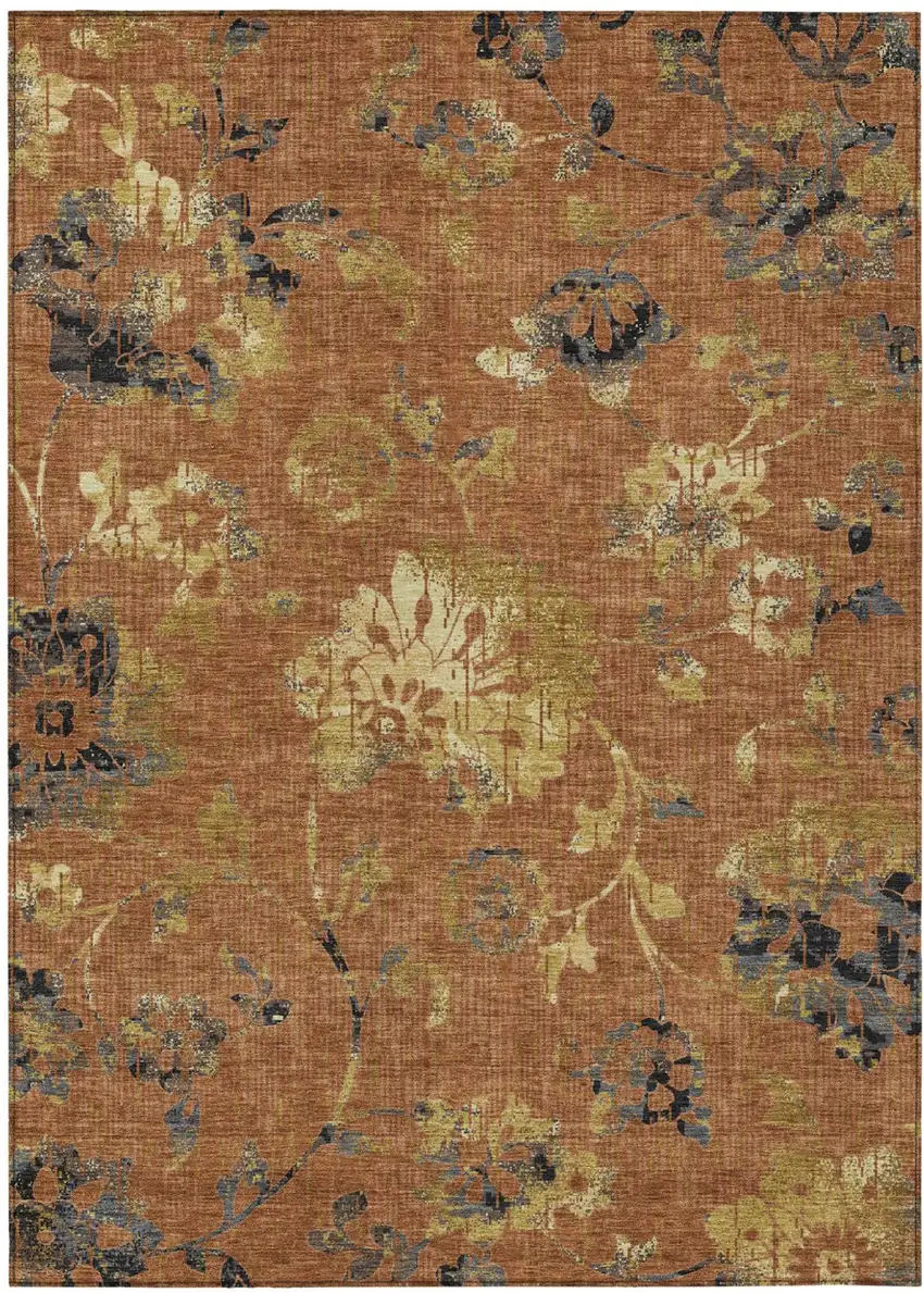 Orange And Rust Floral Washable Indoor Outdoor Area Rug Photo 1