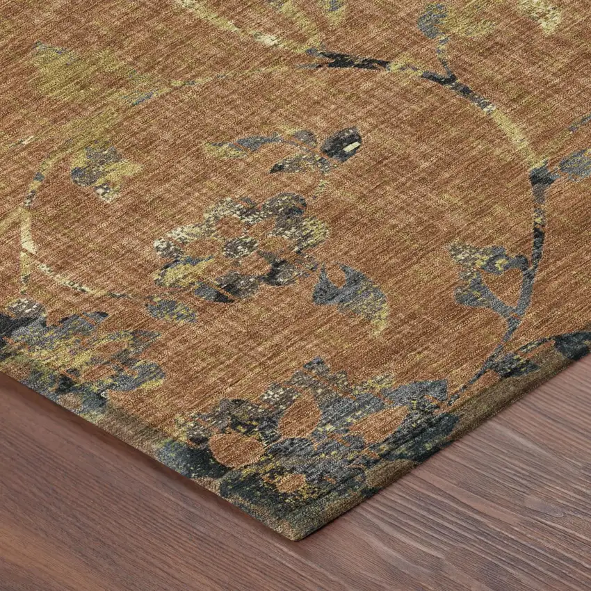 Orange And Rust Floral Washable Indoor Outdoor Area Rug Photo 4