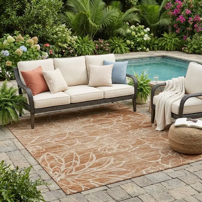 Orange And Rust Floral Washable Indoor Outdoor Area Rug Photo 1