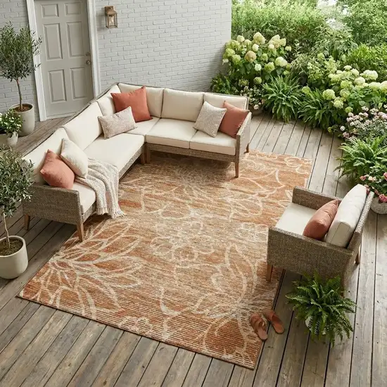 Orange And Rust Floral Washable Indoor Outdoor Area Rug Photo 1
