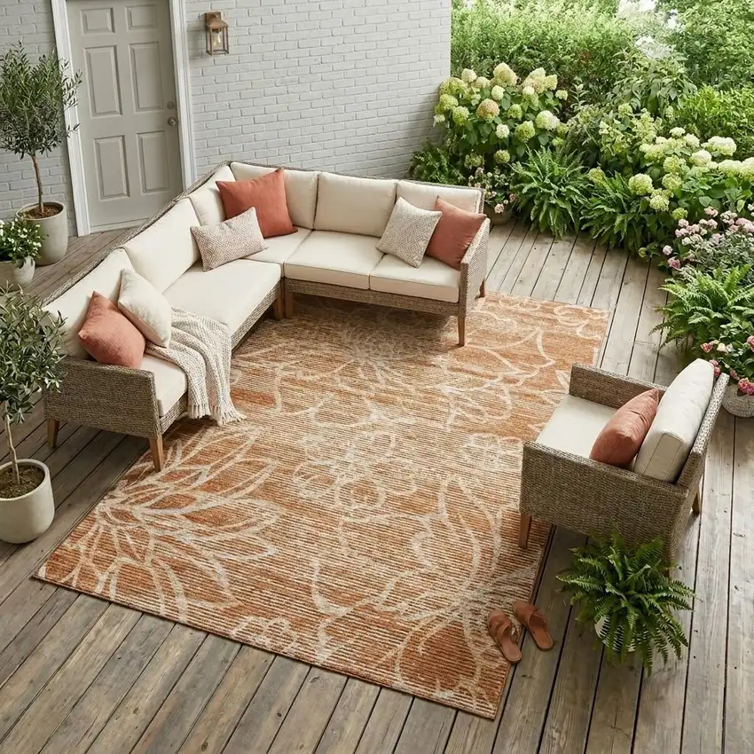 Orange And Rust Floral Washable Indoor Outdoor Area Rug Photo 1