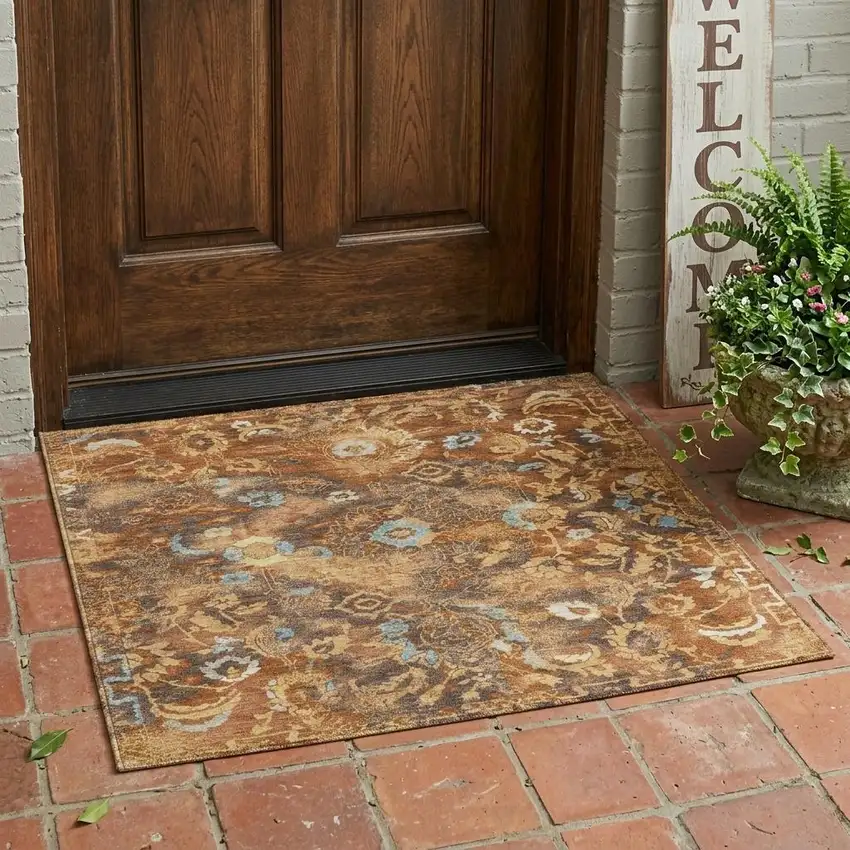 Orange And Rust Floral Washable Indoor Outdoor Area Rug Photo 1
