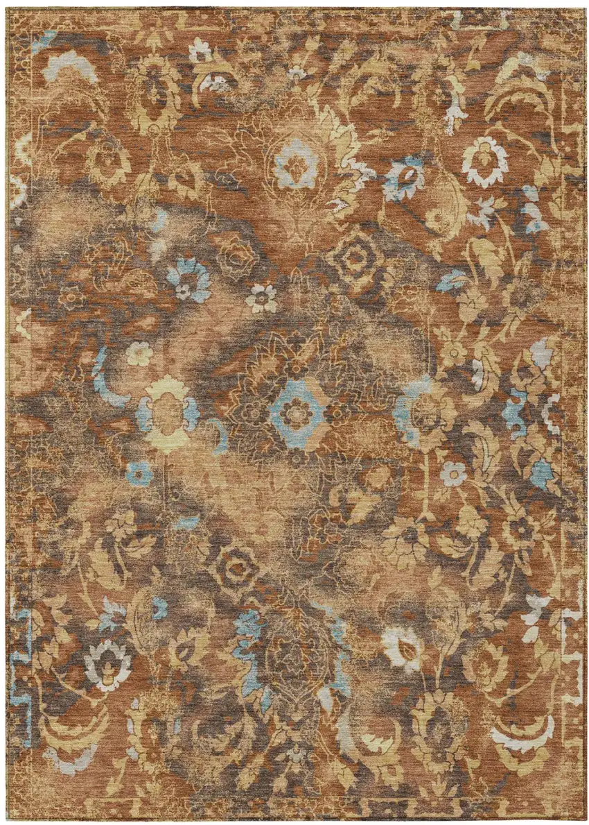 Orange And Rust Floral Washable Indoor Outdoor Area Rug Photo 2