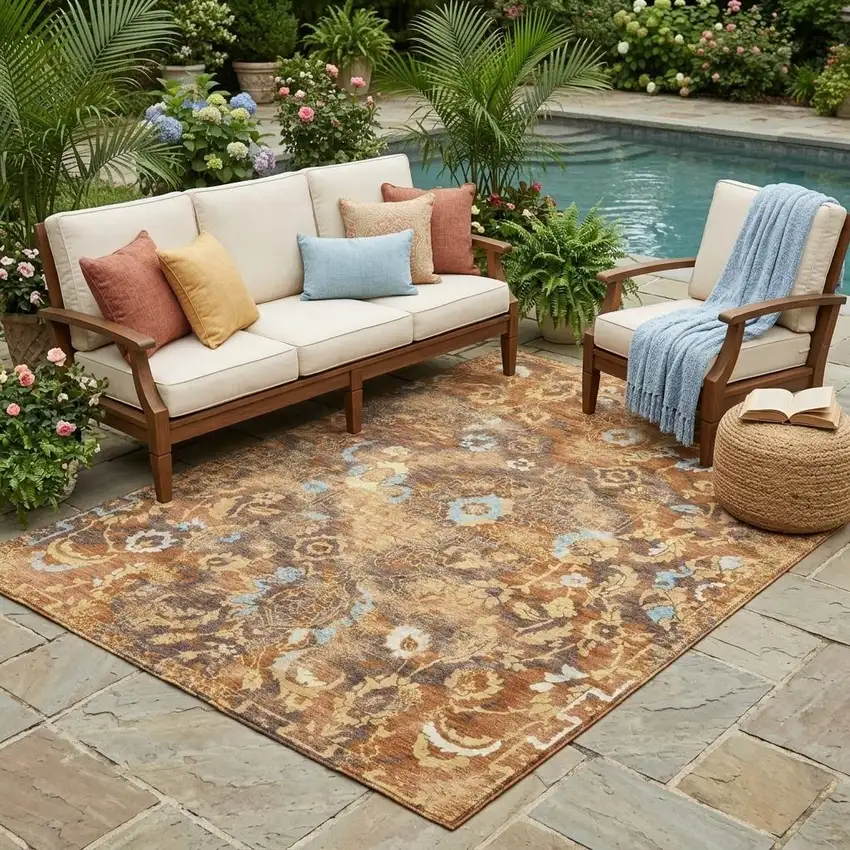 Orange And Rust Floral Washable Indoor Outdoor Area Rug Photo 1
