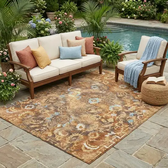 Orange And Rust Floral Washable Indoor Outdoor Area Rug Photo 1