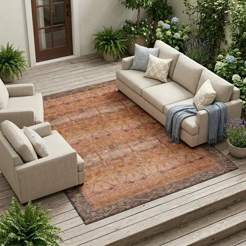 Orange And Rust Tribal Washable Indoor Outdoor Area Rug Photo 1