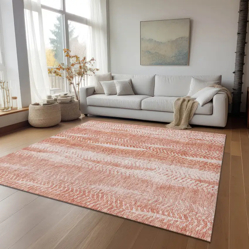 Orange And Salmon Botanical Leaves Washable Indoor Outdoor Area Rug Photo 9