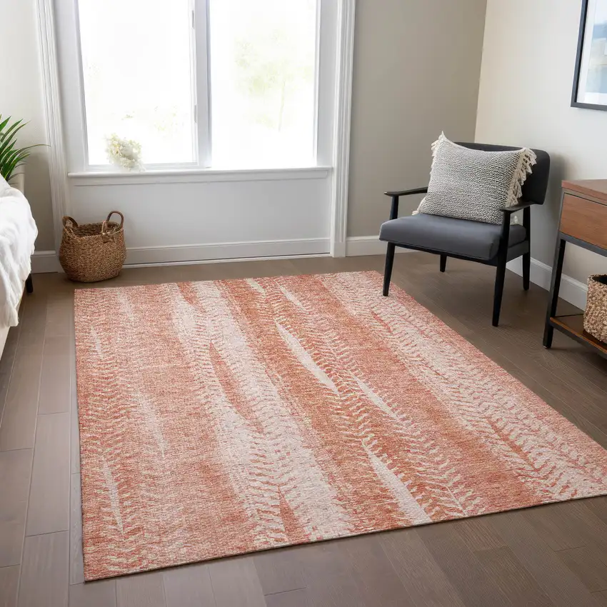 Orange And Salmon Botanical Leaves Washable Indoor Outdoor Area Rug Photo 9