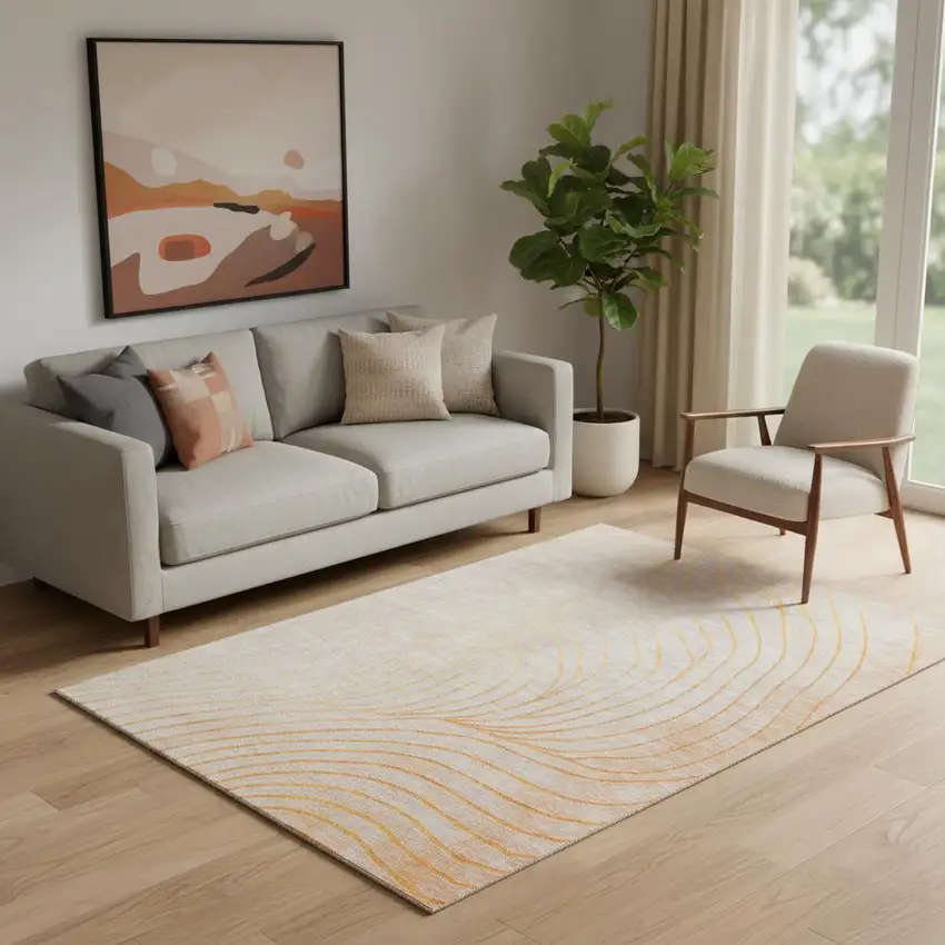 Orange And Silver Abstract Washable Area Rug With UV Protection Photo 2