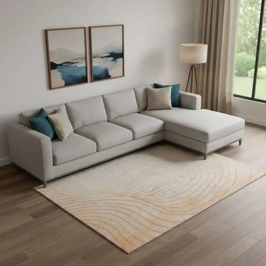 Orange And Silver Abstract Washable Area Rug With UV Protection Photo 2