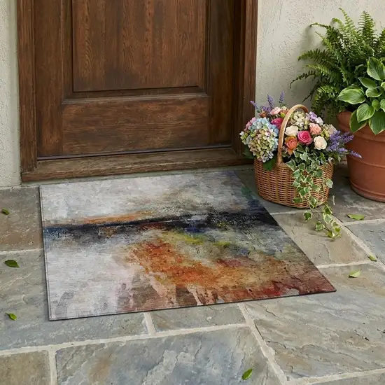 Orange And Silver Abstract Washable Indoor Outdoor Area Rug Photo 1