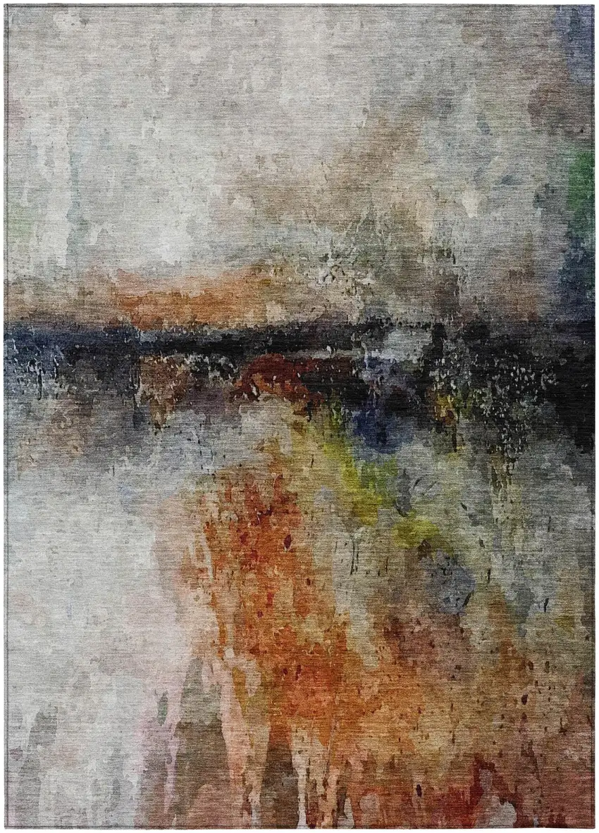Orange And Silver Abstract Washable Indoor Outdoor Area Rug Photo 2