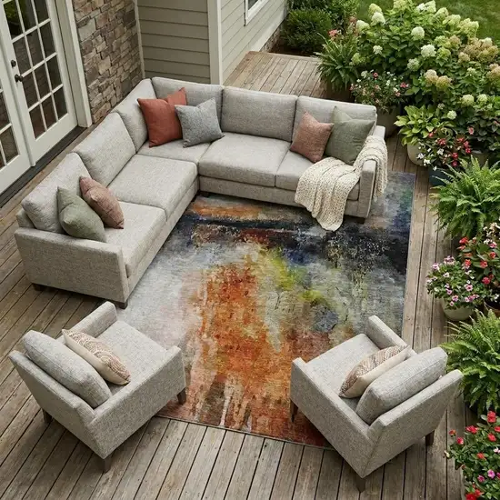 Orange And Silver Abstract Washable Indoor Outdoor Area Rug Photo 1