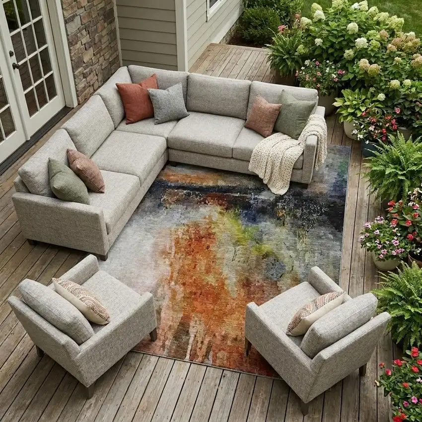 Orange And Silver Abstract Washable Indoor Outdoor Area Rug Photo 1