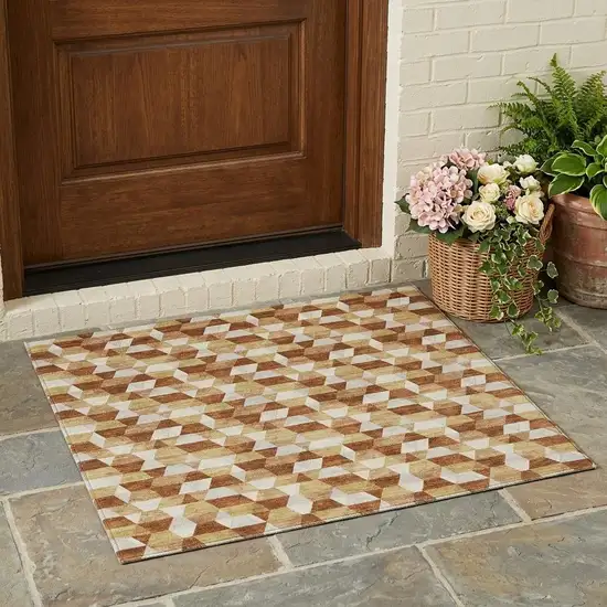 Orange And Silver Geometric Washable Indoor Outdoor Area Rug Photo 1