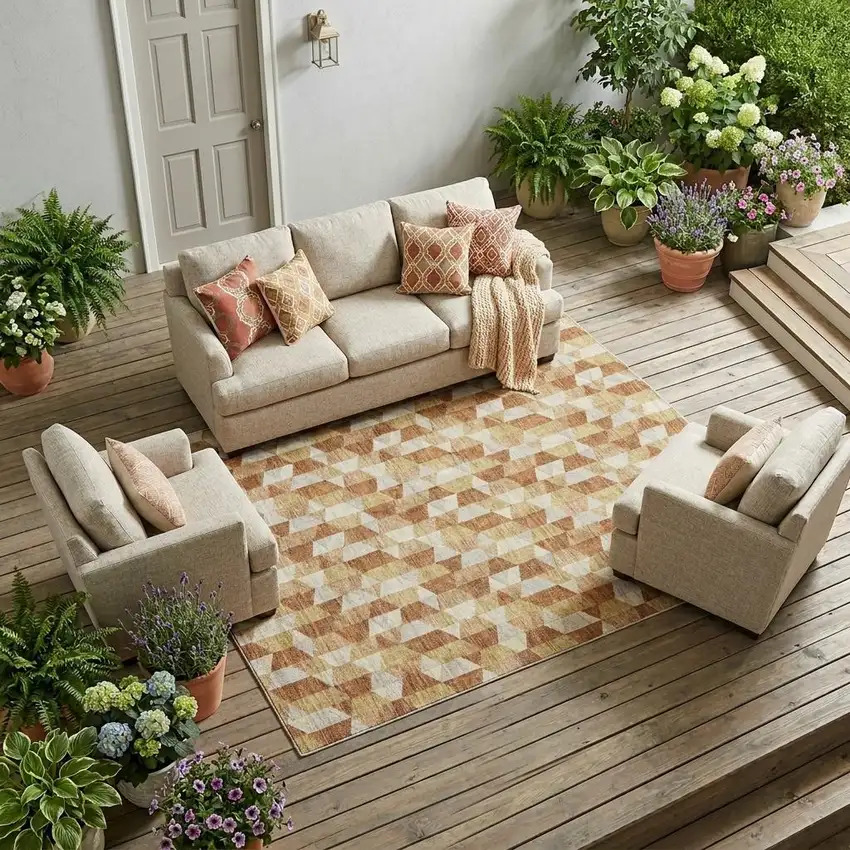 Orange And Silver Geometric Washable Indoor Outdoor Area Rug Photo 1