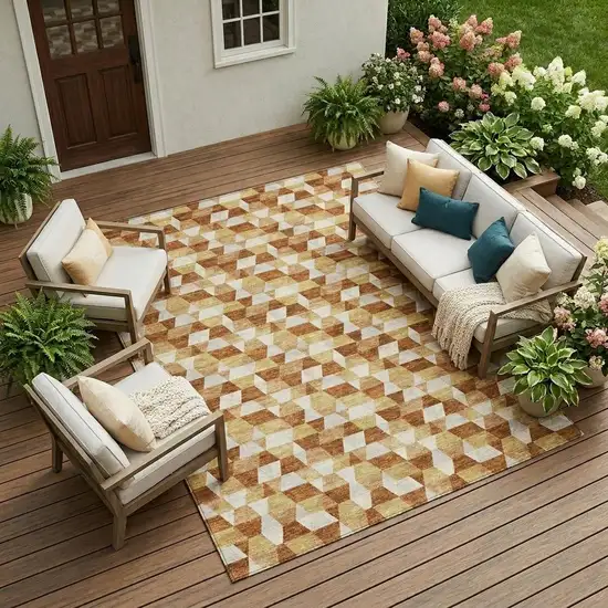 Orange And Silver Geometric Washable Indoor Outdoor Area Rug Photo 1