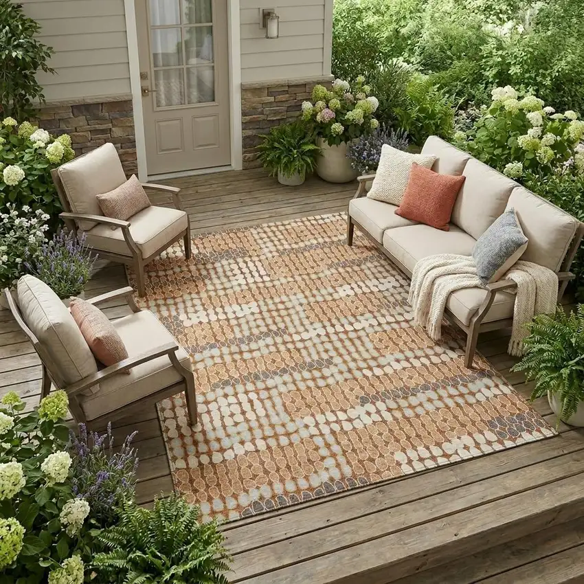 Orange And Silver Geometric Washable Indoor Outdoor Area Rug Photo 1