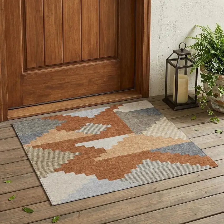 Orange And Silver Geometric Washable Indoor Outdoor Area Rug Photo 1