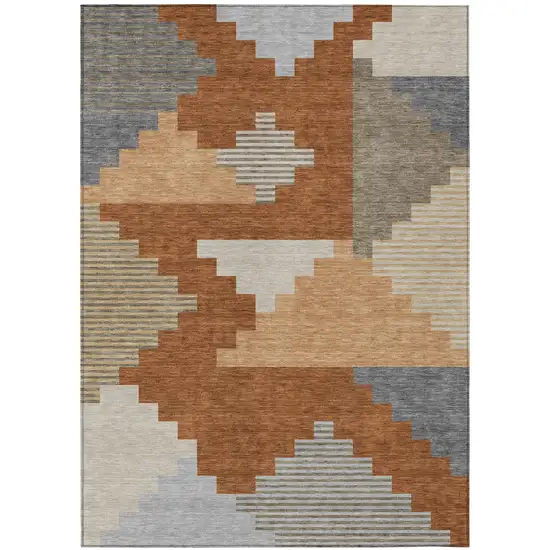 Orange And Silver Geometric Washable Indoor Outdoor Area Rug Photo 2