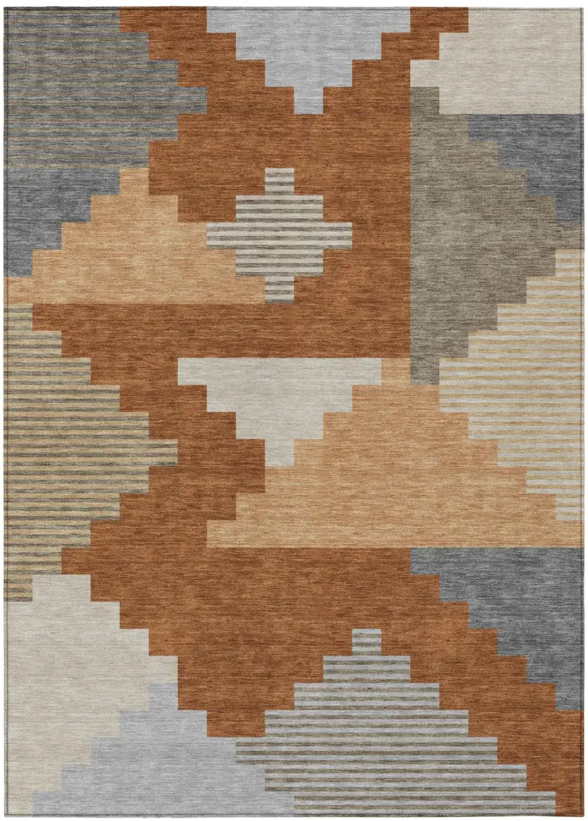 Orange And Silver Geometric Washable Indoor Outdoor Area Rug Photo 2