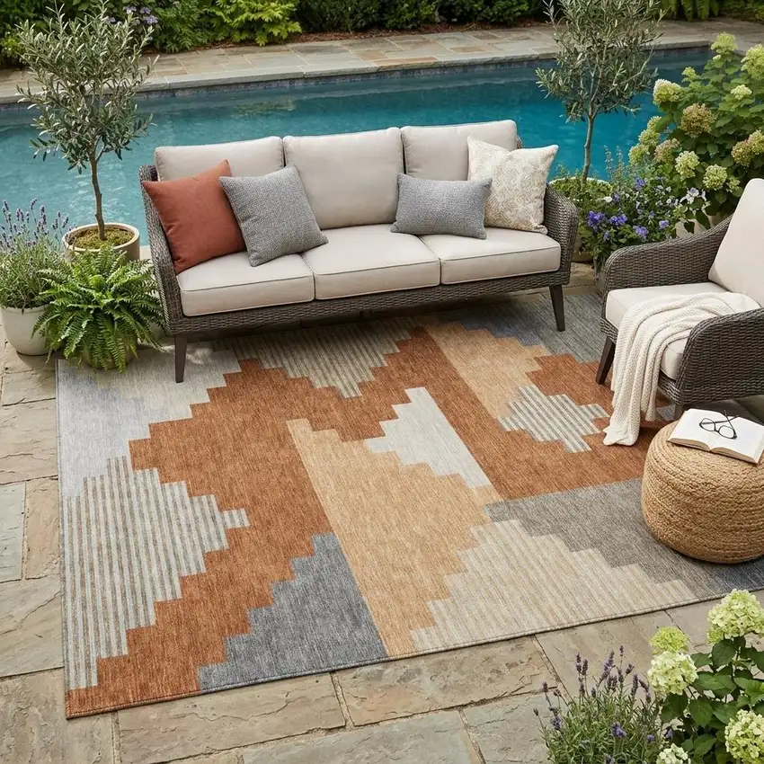 Orange And Silver Geometric Washable Indoor Outdoor Area Rug Photo 1