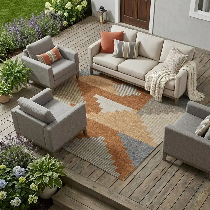 Orange And Silver Geometric Washable Indoor Outdoor Area Rug Photo 1