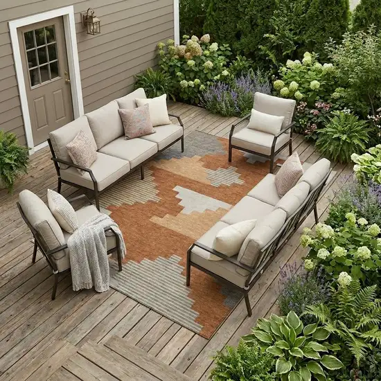 Orange And Silver Geometric Washable Indoor Outdoor Area Rug Photo 1