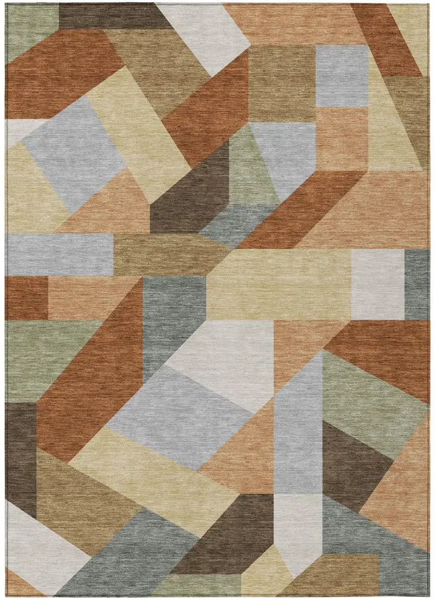 Orange And Silver Geometric Washable Indoor Outdoor Area Rug Photo 1