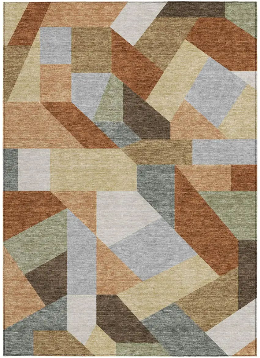Orange And Silver Geometric Washable Indoor Outdoor Area Rug Photo 2