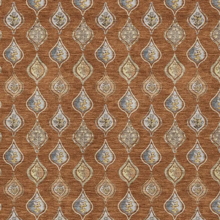 Orange And Taupe Floral Washable Indoor Outdoor Area Rug Photo 2