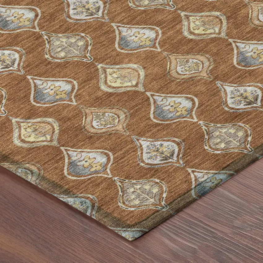 Orange And Taupe Floral Washable Indoor Outdoor Area Rug Photo 4