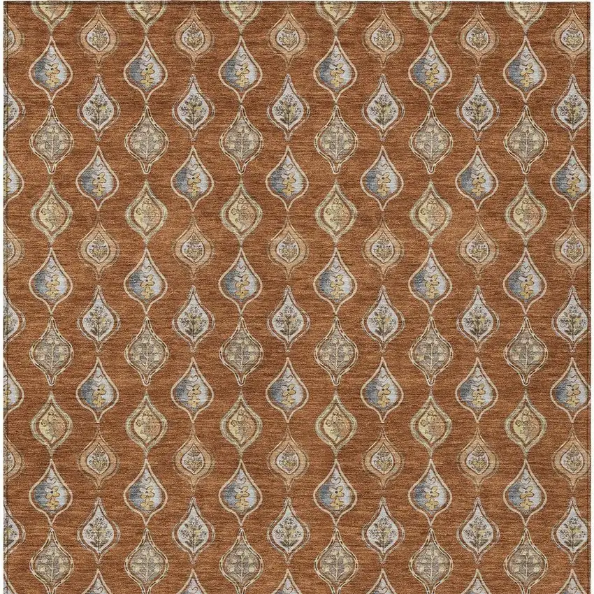 Orange And Taupe Floral Washable Indoor Outdoor Area Rug Photo 3