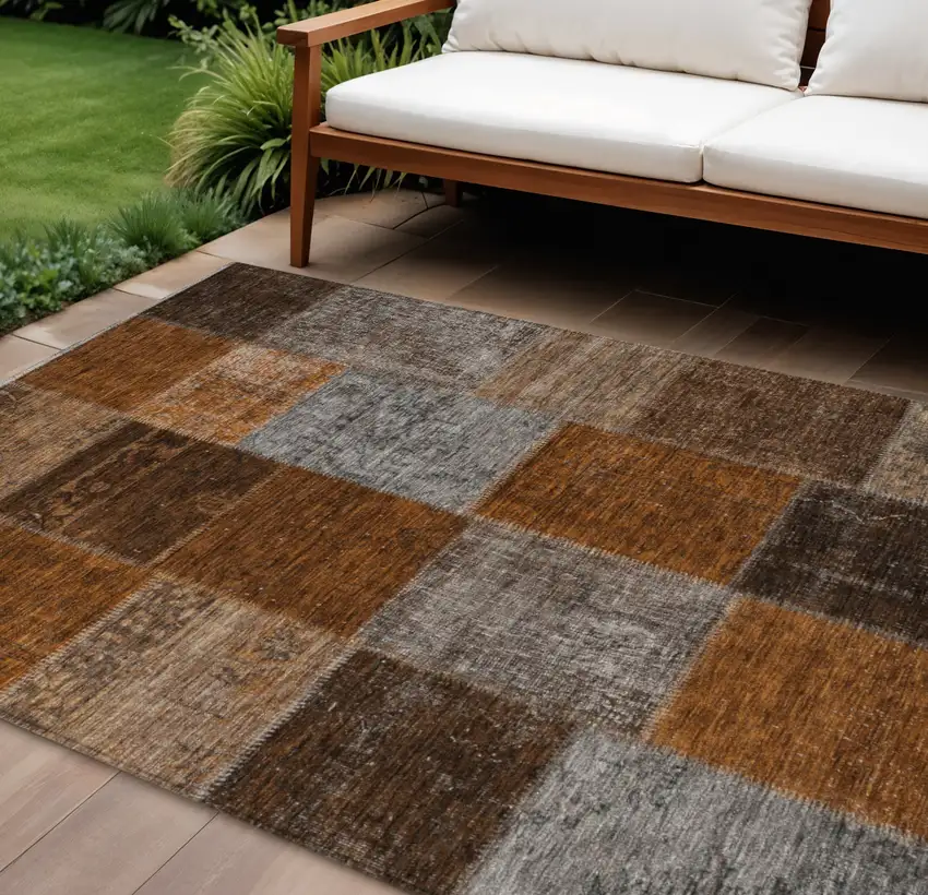 Orange And Taupe Patchwork Washable Indoor Outdoor Area Rug Photo 1