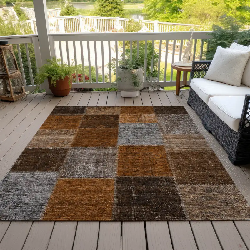 Orange And Taupe Patchwork Washable Indoor Outdoor Area Rug Photo 8