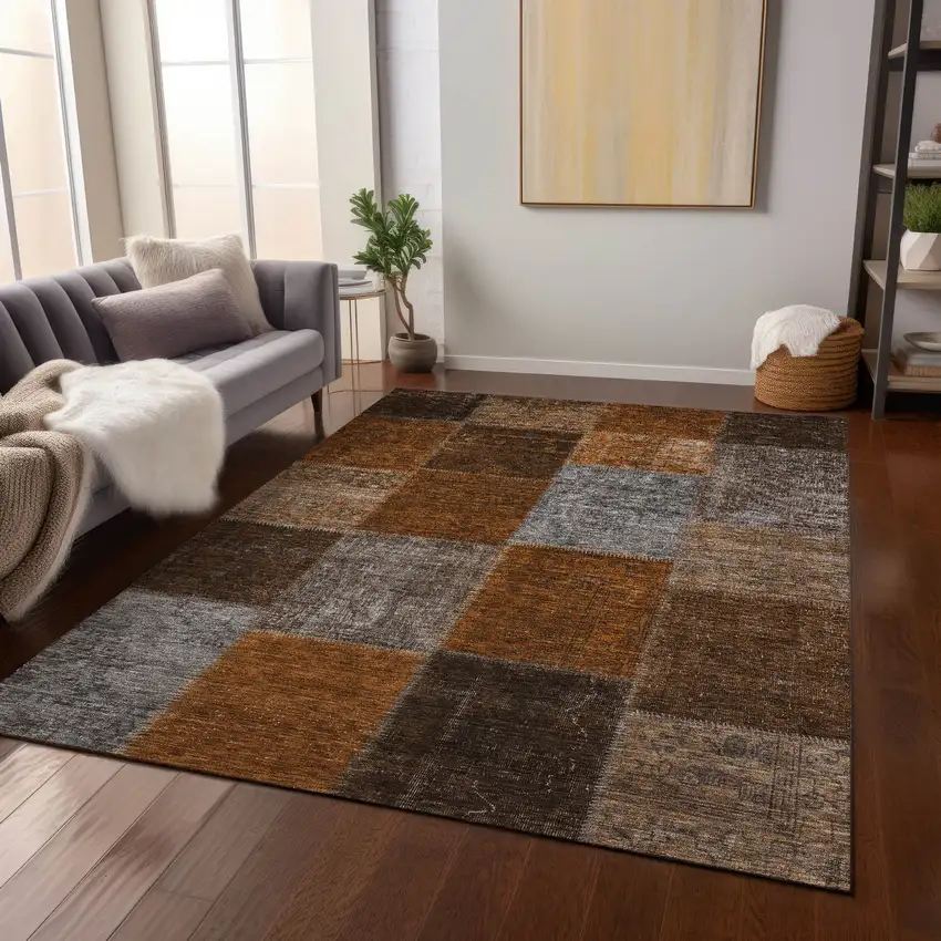 Orange And Taupe Patchwork Washable Indoor Outdoor Area Rug Photo 9