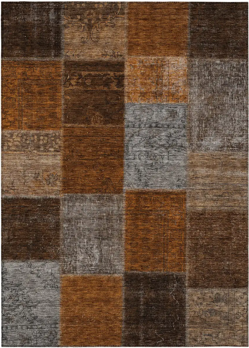 Orange And Taupe Patchwork Washable Indoor Outdoor Area Rug Photo 2