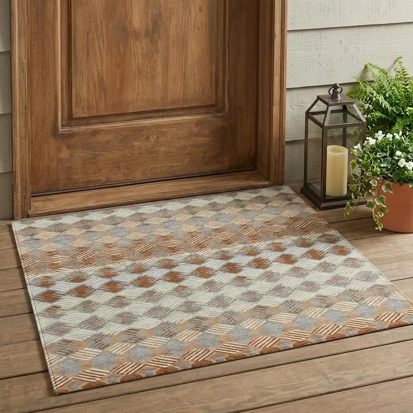 Orange And Taupe Striped Washable Indoor Outdoor Area Rug Photo 1