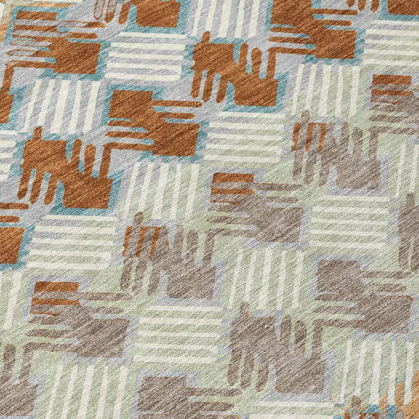 Orange And Taupe Striped Washable Indoor Outdoor Area Rug Photo 4
