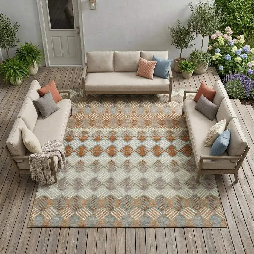 Orange And Taupe Striped Washable Indoor Outdoor Area Rug Photo 1