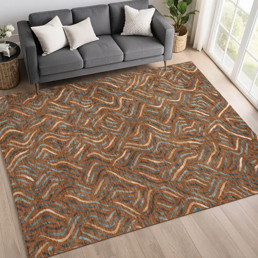 Orange And Teal Blue Abstract Washable Indoor Outdoor Area Rug Photo 6
