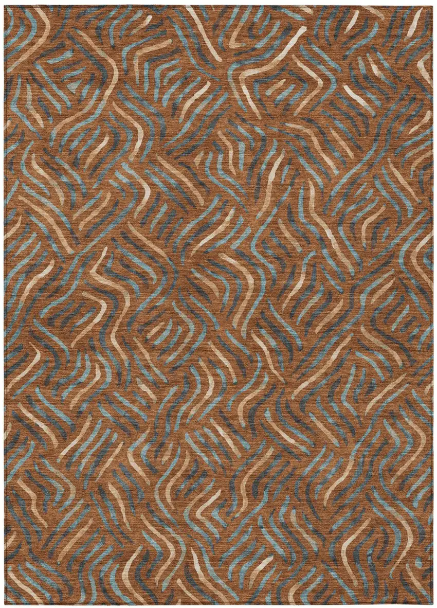Orange And Teal Blue Abstract Washable Indoor Outdoor Area Rug Photo 1