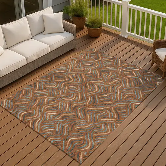 Orange And Teal Blue Abstract Washable Indoor Outdoor Area Rug Photo 7